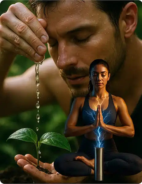 Man pouring water onto a plant with a woman meditating in the background
